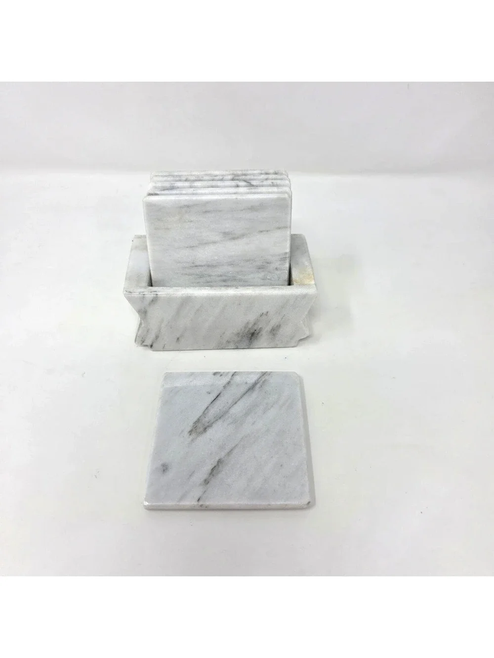 Vintage Marble Coaster Set with Holder White Gray Stone Drink Coasters Set of 6